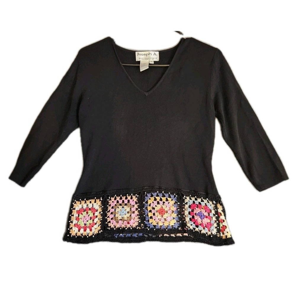 Vtg Joseph A Womens Y2K Sweater Top Size M Granny Square Crochet Boho 3/4 Sleeve